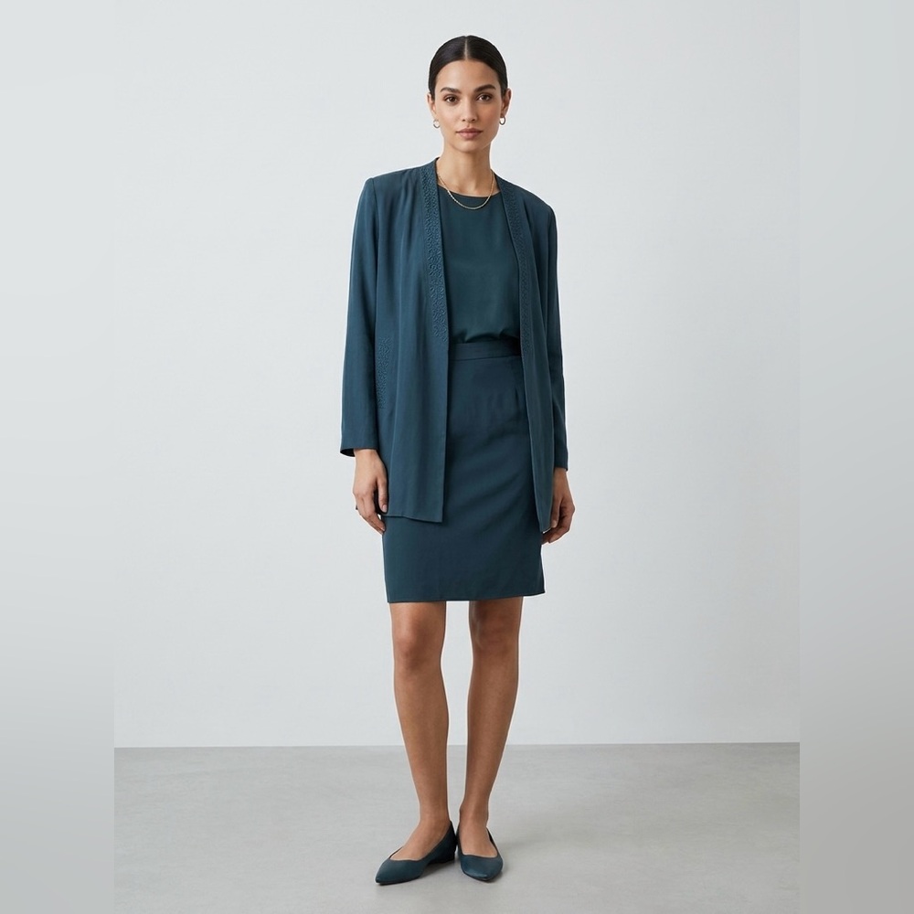 Teal Open Front Long Sleeve Cardigan & Skirt - Two Piece